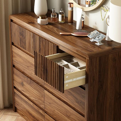 LYNSOM 9 Drawer Dresser for Bedroom, 50" Wide Fluted Dresser with Curved Corners, Wood Dressers & Chests of Drawers with Dual-Panel Design for Bedroom, Entryway, Walnut