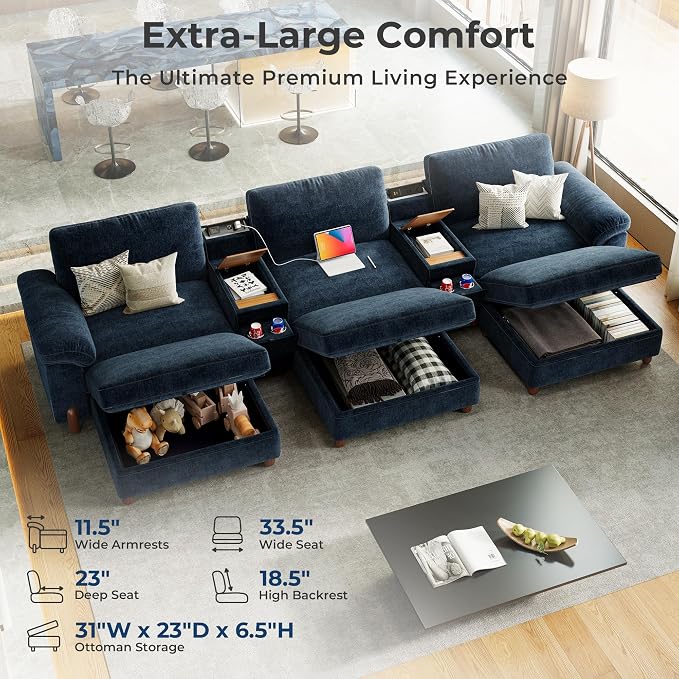 SITJOY Large Cloud Couch, 146" Wide 3 Seater Bed with Console, Navy Blue | Detachable and Washable Chenille Cover Sectional Sofas for Living Room, Deep Seat Wide Couch with Chaise, Storage Ottoman