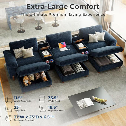 SITJOY Large Cloud Couch, 146" Wide 3 Seater Bed with Console, Navy Blue | Detachable and Washable Chenille Cover Sectional Sofas for Living Room, Deep Seat Wide Couch with Chaise, Storage Ottoman