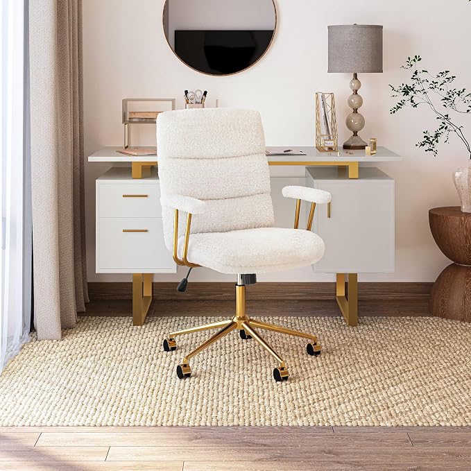 Techni Mobili Boucle Office Chair, Adjustable Desk Chair, White & Gold | White boucle office chair, gold base, padded seat, height adjustable, modern desk chair, textured fabric, swivel, ergonomic