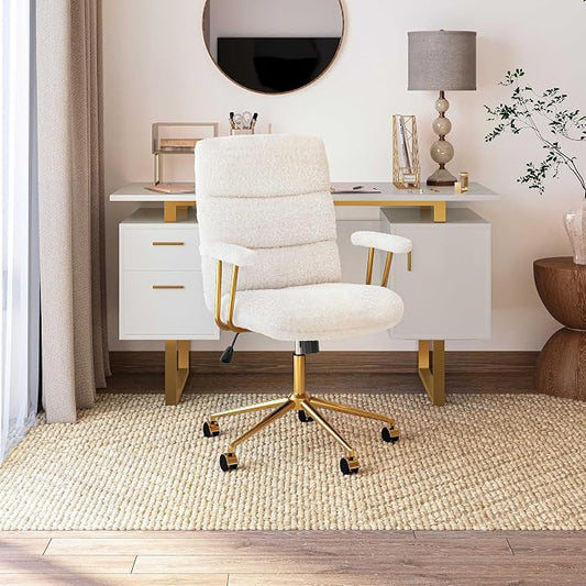 Techni Mobili Boucle Office Chair, Adjustable Desk Chair, White & Gold | White boucle office chair, gold base, padded seat, height adjustable, modern desk chair, textured fabric, swivel, ergonomic