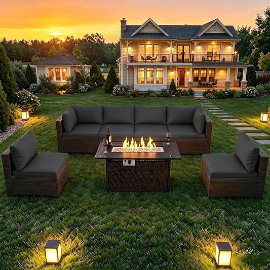 LAFWELL 8-Piece Wicker Patio Conversation Set with 44" Propane Fire Pit Table, Cozy Outdoor Sectional Sofa for Backyard Gatherings, Poolside Lounging & Garden Parties