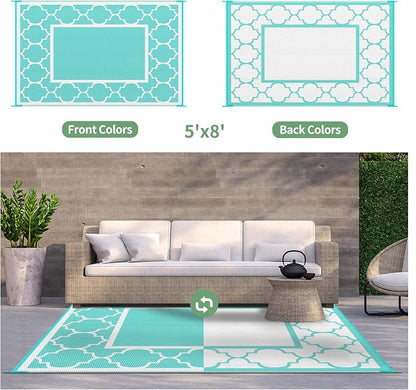 GENIMO 5 ' x 8 ' Outdoor Rug for Patio Clearance, Waterproof Indoor Outdoor Plastic Straw Rugs Carpet, Reversible Outside Area Mat for Camping, Balcony Porch, Deck, Picnic, Beach Aqua Blue & White