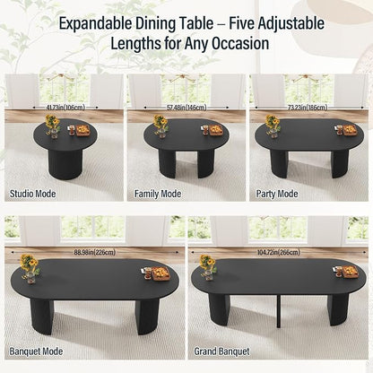 weselon 42"-105" Extendable Dining Table for 4-12, Expandable Oval Dining Room Table with Fluted Pedestal Base & Reinforced Metal Support Leg, Large Modern Kitchen Table for Dining Room (Black)