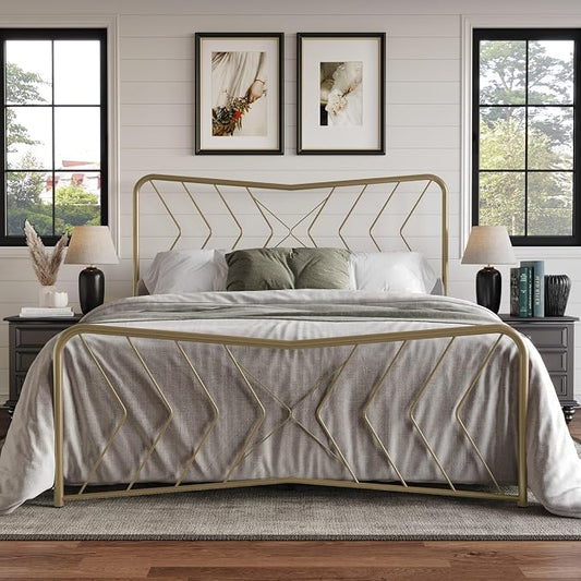 HOME DESIGN Fargo Queen Size Metal Bed Frame, Minimalist Headboard and Footboard Design, Sturdy Metal Construction, Easy Assembly, Transitional, Gold