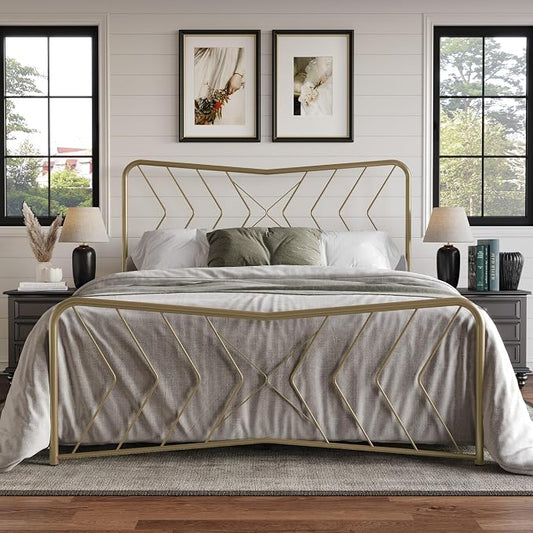 HOME DESIGN Fargo Full Size Metal Bed Frame, Minimalist Headboard and Footboard Design, Sturdy Metal Construction, Easy Assembly, Transitional, Gold