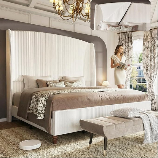 65.7" Tall Headboard Queen Size Upholstered Bed Frame with Wingback, Soft Washable Corduroy Beds Cover, Solid Wood Legs, Noise-Free, No Box Spring Needed, Cream