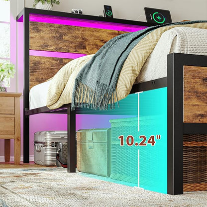 Homkdom King Size Bed Frame with USB Ports & LED Lights, Headboard Shelf, Heavy Duty Metal Platform with 10.24" Underbed Storage, Noise-Free Slats, No Box Spring Needed, Modern Brown