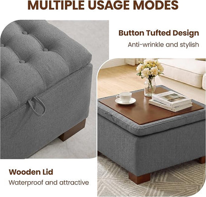 30 Inch Square Storage Ottoman Coffee Table, Modern Tufted Upholstered Ottoman with Flip Tray and Solid Wood Legs, Suitable for Living Rooms, Linen Grey