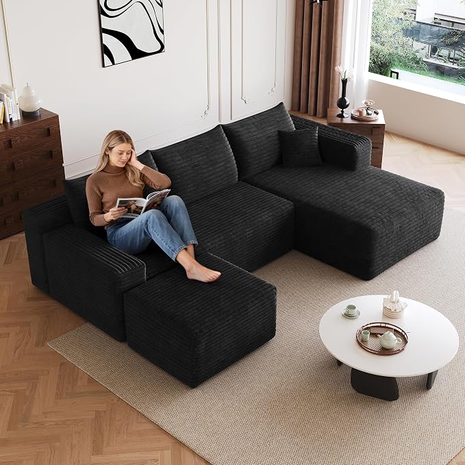 95" Cloud Boneless Sectional Sofa Couch with Chaise Lounge and Ottoman, Modern Corduroy Right Facing Modular Sectional Sofa Compressed Corner Couch with Deep Seat, No Assembly Required