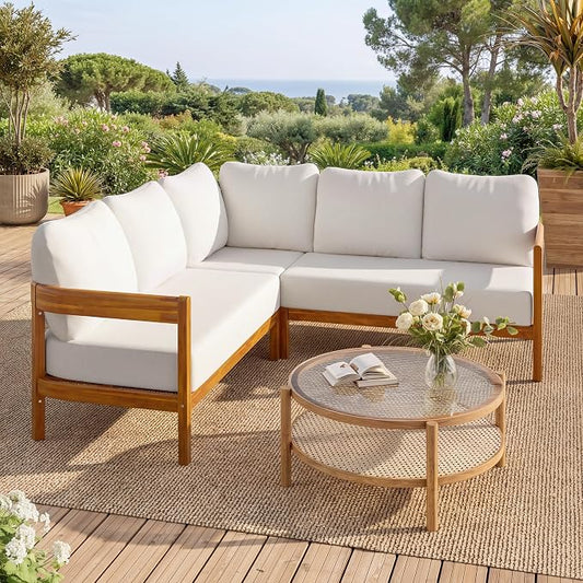 VilroCaz Outdoor Patio Furniture Set, L-Shaped Acacia Wood Sectional Sofa with 6 Soft Seat Cushions and Backpack, All-Weather Conversation Set with Arc Frame for Garden Backyard Porch (White-3.19)