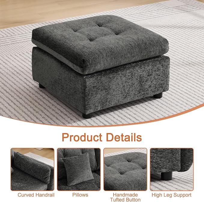 24" Square Modular Ottoman for Sectional Sofa, Tufted Chenille Upholstered Footrest, Cloud Sofa Ottoman for Living Room, Dark Grey