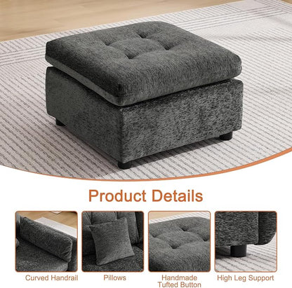24" Square Modular Ottoman for Sectional Sofa, Tufted Chenille Upholstered Footrest, Cloud Sofa Ottoman for Living Room, Dark Grey