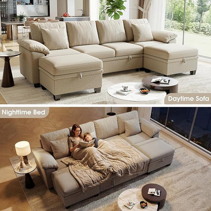 107.8" Modular Sectional Sleeper Sofa Bed, U Shaped 6 Seat Pull Out Couch with Storage Ottoman, Convertible Cloud Couch Bed, Sectional Couches for Living Room, Apartment (Sand)