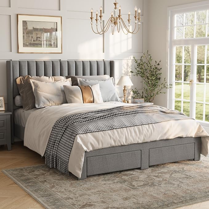 IDEALHOUSE Full Bed Frame with Wingback Headboard, Velvet Upholstered Platform Bed with 2 Storage Drawers, Vertical Tufted Headboard Design, Wooden Slats Support, No Box Spring Needed, Grey