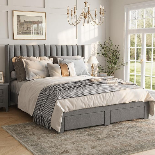 IDEALHOUSE Full Bed Frame with Wingback Headboard, Velvet Upholstered Platform Bed with 2 Storage Drawers, Vertical Tufted Headboard Design, Wooden Slats Support, No Box Spring Needed, Grey