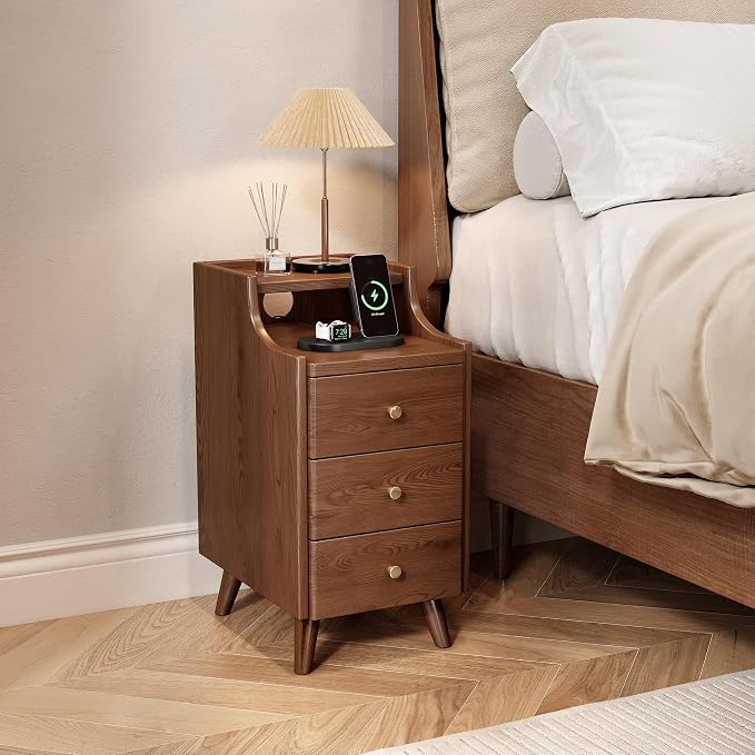 Narrow Nightstand with Drawers, 11.8" Solid Wood Nightstand with Open Shelf & Cable Hole, Modern Night Stand Slim Bedside Table for Small Spaces, Bedroom, Study