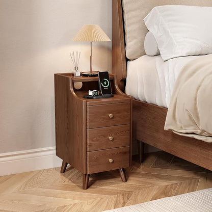 Narrow Nightstand with Drawers, 11.8" Solid Wood Nightstand with Open Shelf & Cable Hole, Modern Night Stand Slim Bedside Table for Small Spaces, Bedroom, Study