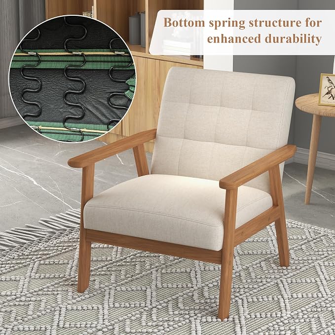 Mid-Century Accent Chairs Set of 2, Solid Wood for Living Room, Beige Linen | Relaxing Arm Chair with Soft Thicken Cushion, Comfy Reading Chair for Bedroom, Balcony, Natural Legs, Easy to Setup