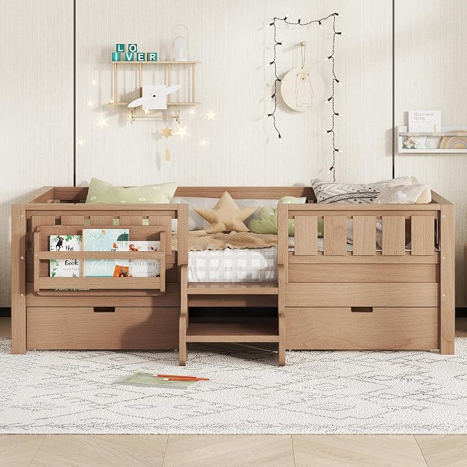 Bellemave Twin Kids Montessori Bed with Stairs, Bookshelf and Drawers, Solid Wood Kids Bed Frame with Storage for Boys Girls, Low Profile,Natural