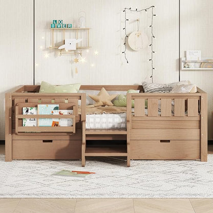 Bellemave Twin Kids Montessori Bed with Stairs, Bookshelf and Drawers, Solid Wood Kids Bed Frame with Storage for Boys Girls, Low Profile,Natural