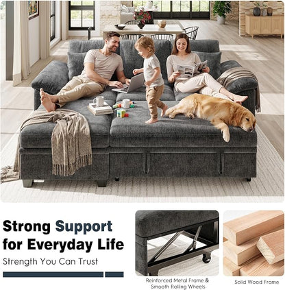 Ihanherry 86" Modular Sectional Sofa with Pull Out Bed, 4-Seater L Shaped Sectional Sleeper Couch with Storage Ottoman, Chenille Convertible Couches for Living Room, Apartment (Grey)
