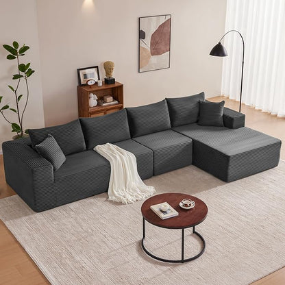 Mangodan 140” Cloud Sectional Couch, Boneless Sofa for Living Room, Modular Sectional Sofa with Deep Seat, Comfy Fluffy L-Shaped Couch with Right-Facing Chaise, No Assembly Required, Grey