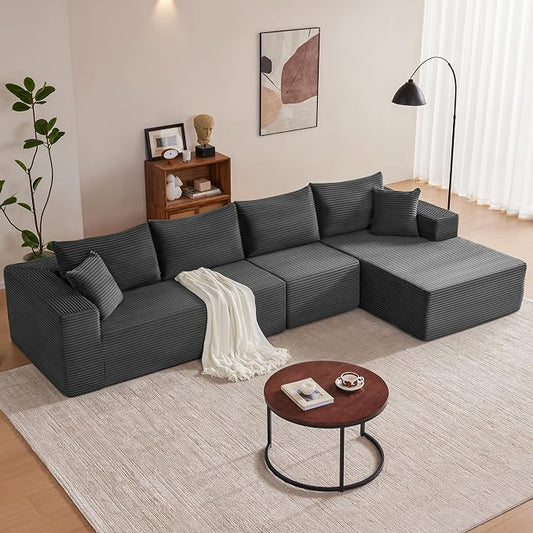 Mangodan 140” Cloud Sectional Couch, Boneless Sofa for Living Room, Modular Sectional Sofa with Deep Seat, Comfy Fluffy L-Shaped Couch with Right-Facing Chaise, No Assembly Required, Grey