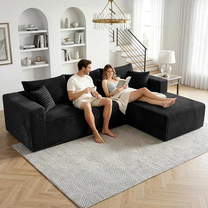 92.5" Cloud Sectional Couch with L-Shape Chaise, Modern Corduroy Boneless Couch for Living Room,Memory Foam Sofa with Deep Seat,No Assembly Required Washable Covers
