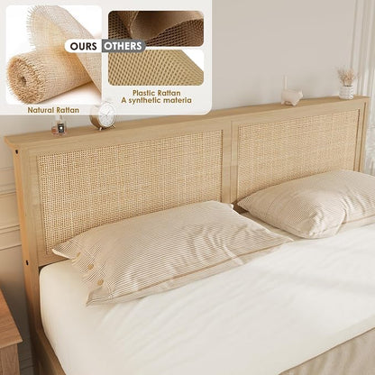GarveeHome Full Platform Bed Frame, Full Size Bed Frame with Natural Rattan Headboard, Cane Bed Frame with 2 Storage Drawers and Strong Wood Slats Support, Noise Free, No Box Spring Needed