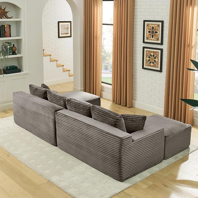 115" U-Shaped Cloud Sectional Couch, Modular Compressed Boneless Sectional Sofa W/Reversible Ottoman Chaise Lounge, Plush Corduroy Boneless Symmetrical Sofa for Living Room