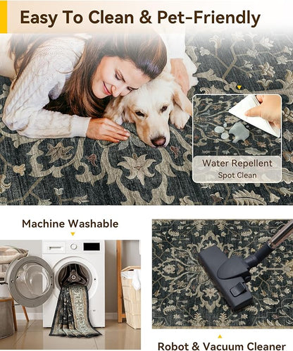 RELEANY Area Rugs 6'x9' Washable Non-Slip, Floral Vintage Distress Medallion Carpet for Living Room Bedroom Dining Room, Vintage Black Brown Neutral