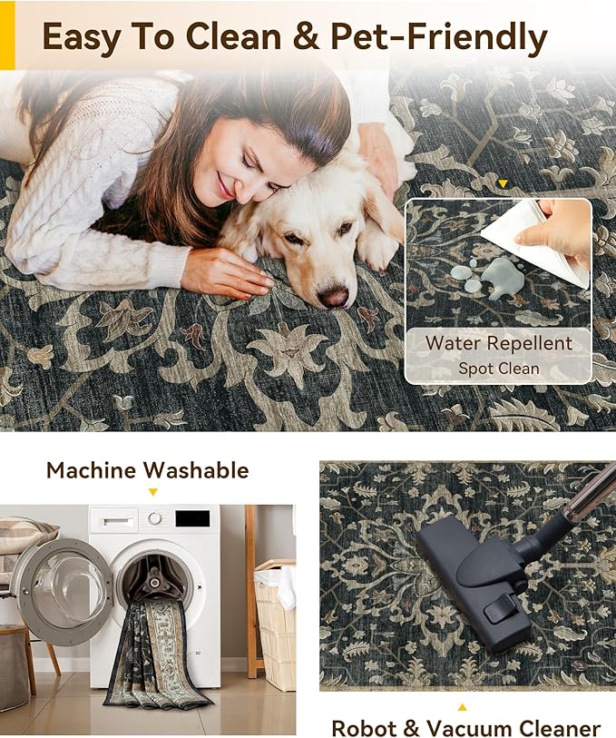 RELEANY Area Rugs Runner 2'x10' Washable Non-Slip, Floral Vintage Distress Medallion Carpet for Kitchen Hallway Bedroom Beside Laundry Room Bathroom, Vintage Black Brown Neutral