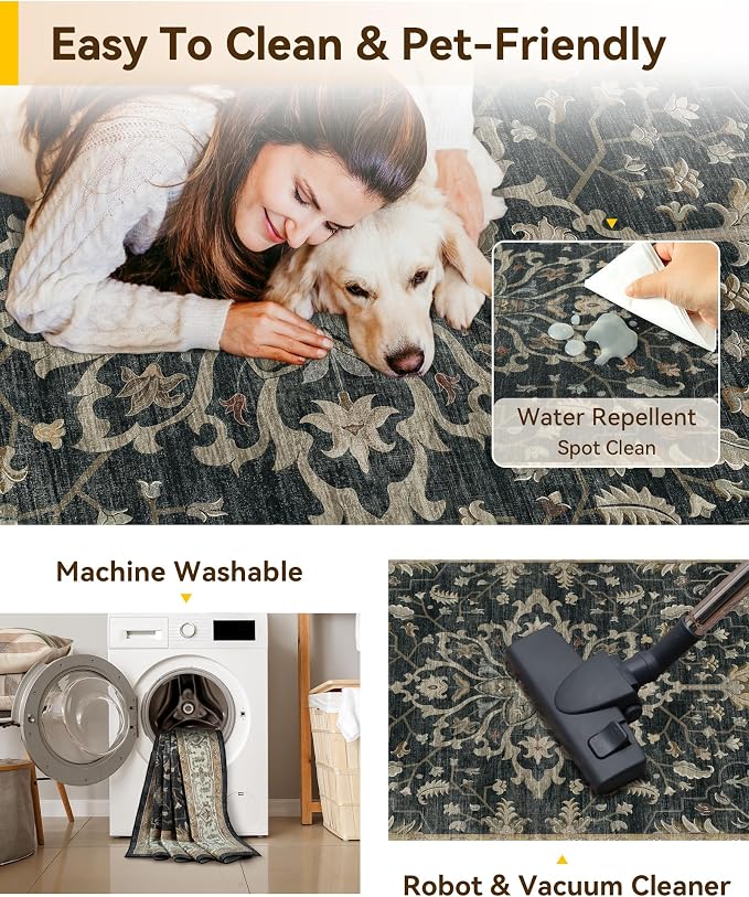 RELEANY Area Rugs Runner 2'x5' Washable Non-Slip, Floral Vintage Distress Medallion Carpet for Kitchen Hallway Bedroom Beside Laundry Room Bathroom, Vintage Black Brown Neutral