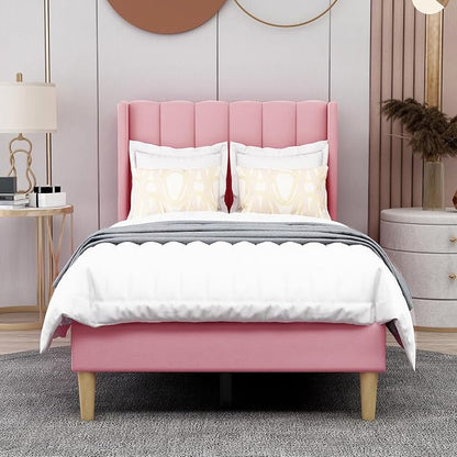 AGARTT Upholstered Platform Bed Frame Twin Size with Headboard and Footboard/Wooden Slats Support/No Box Spring Needed/Easy Assembly,Pink Velvet
