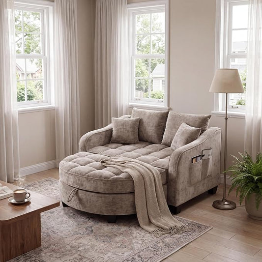 ERYE Chenille Tufted Loveseat Sofa and Ottoman Set, Tufted Recliner Sleeper Chaise Lounge with Curved Storage Ottoman,Reclining Backrest and Side Pockets, 4 Pillows