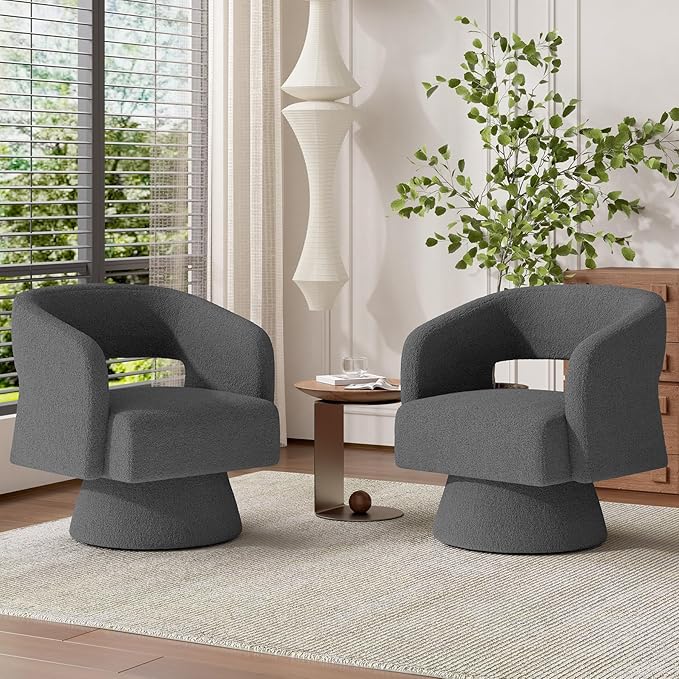 Luxanimarion Swivel Barrel Accent Chair,Oversized Teddy Upholstered Round Swivel Chair,Modern Luxury 360 Degree Living Room Vanity Chair for Bedroom Office,Gray,2PCS