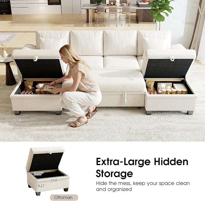 107.8" Modular Sectional Sleeper Sofa Bed, U Shaped 6 Seat Pull Out Couch with Storage Ottoman, Convertible Cloud Couch Bed, Sectional Couches for Living Room, Apartment (Beige)