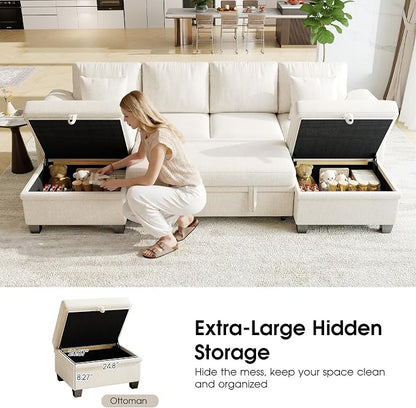 107.8" Modular Sectional Sleeper Sofa Bed, U Shaped 6 Seat Pull Out Couch with Storage Ottoman, Convertible Cloud Couch Bed, Sectional Couches for Living Room, Apartment (Beige)
