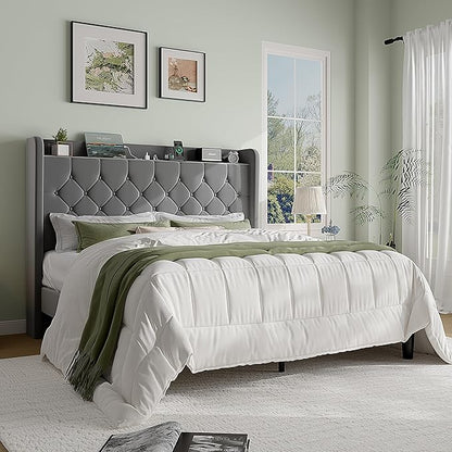 SHA CERLIN Queen Size Platform Bed Frame with Charging Station, Velvet Wingback Headboard with Storage Shelf, Wooden Slats Support, Ample Under-Bed Space, No Box Spring Needed, Easy Assembly, Grey