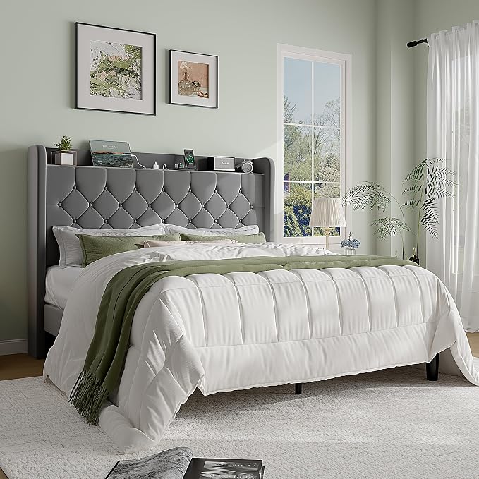 SHA CERLIN Full Size Platform Bed Frame with Charging Station, Velvet Wingback Headboard with Storage Shelf, Wooden Slats Support, Ample Under-Bed Space, No Box Spring Needed, Easy Assembly, Grey