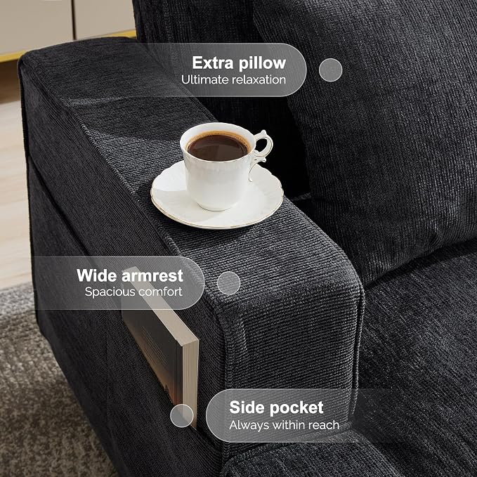 Korser 89" Couches for Living Room with Deep Seats, 3 Seater Sofa Couch, Mid Century Modern Chenille Sofa with Armrests, Upholstered Comfy Sofas for Living Room, Bedroom, Apartment, Office (Grey)