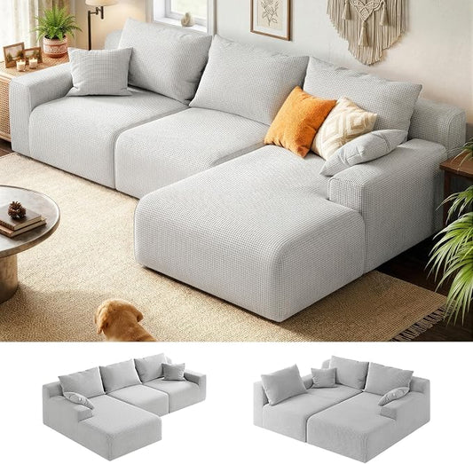 Homkdom 98" Boneless Couches for Living Room, L-Shape Modular Sectional Sofa with Deep Seat Oversized Right Facing Chaise, Cloud Couch for Apartment, Small Space (Grey-Check, Right Facing)