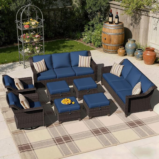 8 Pieces Patio Conversation Furniture Set - 2 Sofas, 4 Ottomans, 2 Swivel Chairs, 1 Side Table, Outdoor Wicker Furniture with Removable Cushions for Porch, Balcony, Sunroom (Blue)