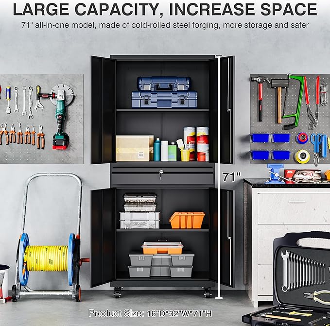 Metal Garage Storage Cabinet with Wheels and Drawer,73" Tall Black Rolling Garage Cabinet with Locking Doors and Adjustable Shelves,Mobile Metal Storage Cabinets on Wheels for Home,Office,Garages,Tool