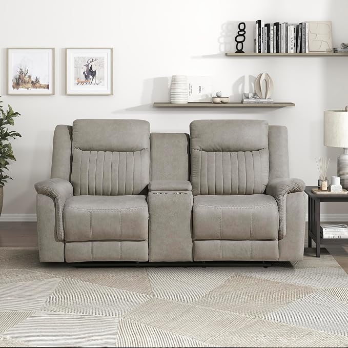 Lexicon Manual Double Reclining Loveseat, Polished Microfiber Manual Wall Hugger Loveseat Recliner for Living Room, Center Storage Console/Cup Holders, Easy Assembly, Dove