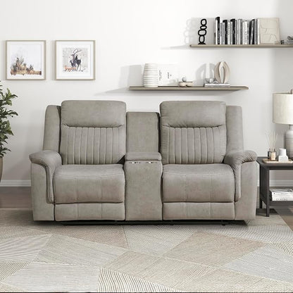 Lexicon Manual Double Reclining Loveseat, Polished Microfiber Manual Wall Hugger Loveseat Recliner for Living Room, Center Storage Console/Cup Holders, Easy Assembly, Dove