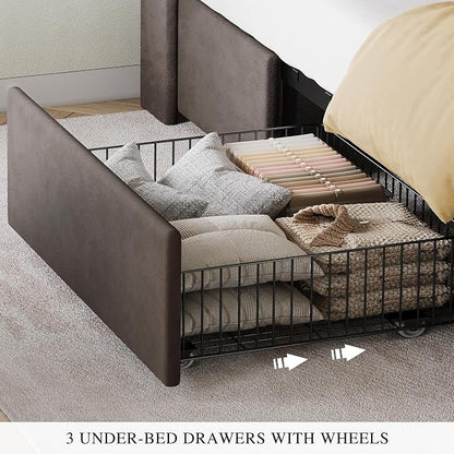 DWVO King Size Bed Frame with 3 Storage Drawers and RGB LED Lights, Velvet Upholstered Bed with Charging Station and Storage Headboard, No Box Spring Needed, Easy Assembly, Noise-Free, Grey