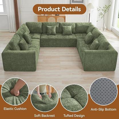 140''Modular Sectional Couches for Living Room, Cloud Boneless Compressed Sectional Sofa, Oversized U Shaped 8 Seater Upholstered Memory Foam Sofa, No Assembly, Chenille Green