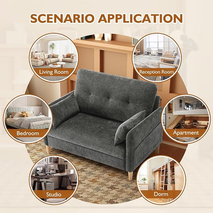Urhanherry 47" Small Sofa Couch for Bedroom, Soft Chenille loveseat Mini Couch with Throw Pillow and Removable Cushion Cover for Small Spaces, Living Room, Apartment, Dorm, Office(Dark Grey)